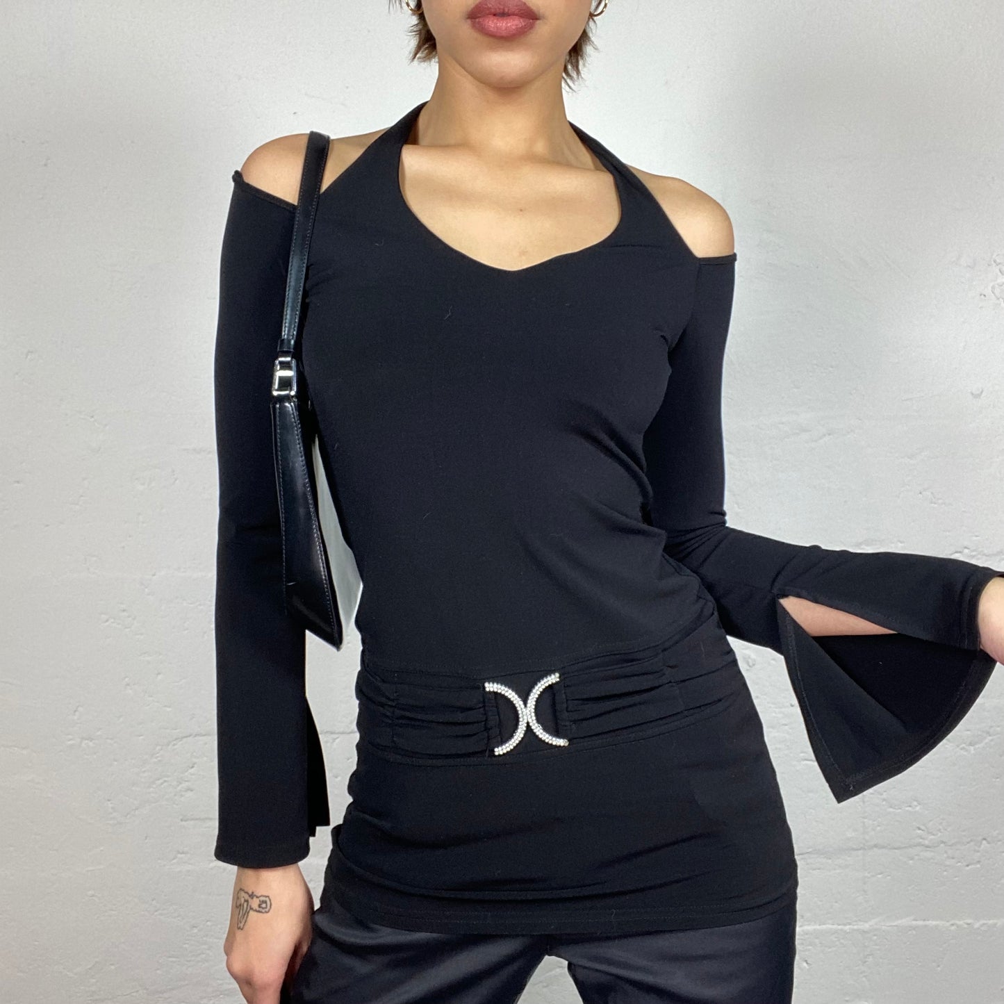 Vintage 2000's Clubwear Black Neckholder Longsleeve Top with Strass Belt Detail (S)
