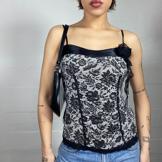 Vintage 90's Vampy Goth Black Top with Floral Print and Rosette Detail (S)