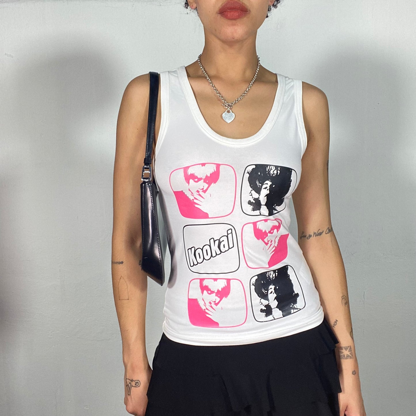 Vintage 2000's Funky White Tank Top with Black and Pink Face Prints (S)