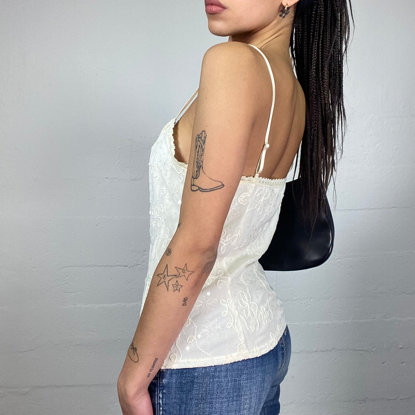 Vintage 2000's Romantic Girl White Top with White Floral Embroidery Detail (L)