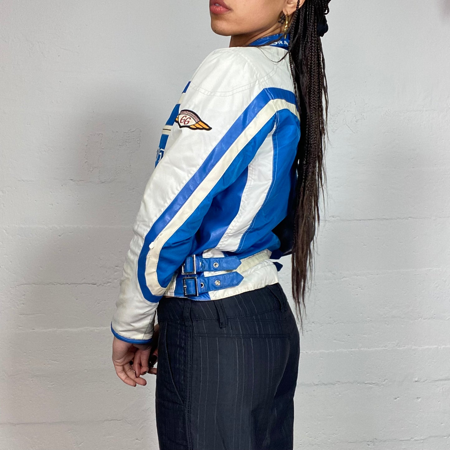 Vintage 2000's Sporty White and Blue Leather Short Racer Jacket with "Circuit Competition" and Patches Details (S)