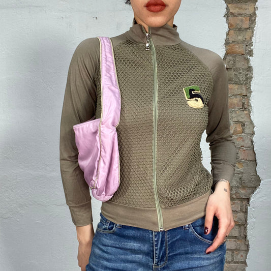 Vintage 2000's Streetstyle Khaki Zip Up Sweater with Net Detail (S/M)