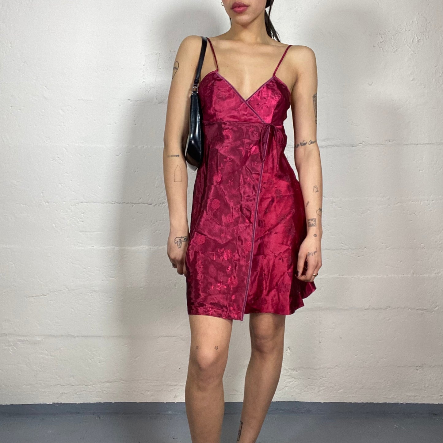 Vintage 90's Vamp Red Satin Mini Dress with Wrapped Cut (M)