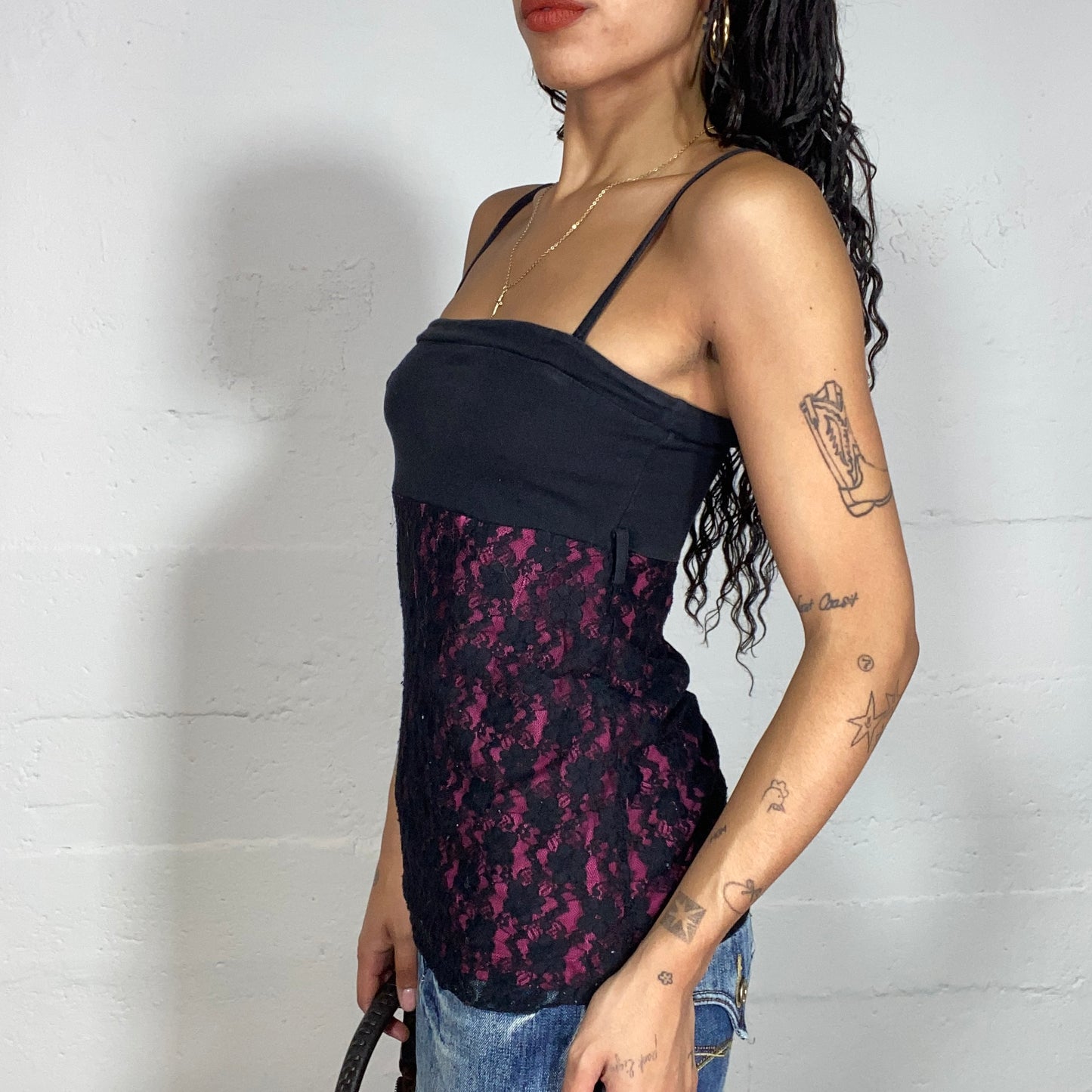 Vintage 2000's Gothic Black & Red Top with Red Lace Detail (M)