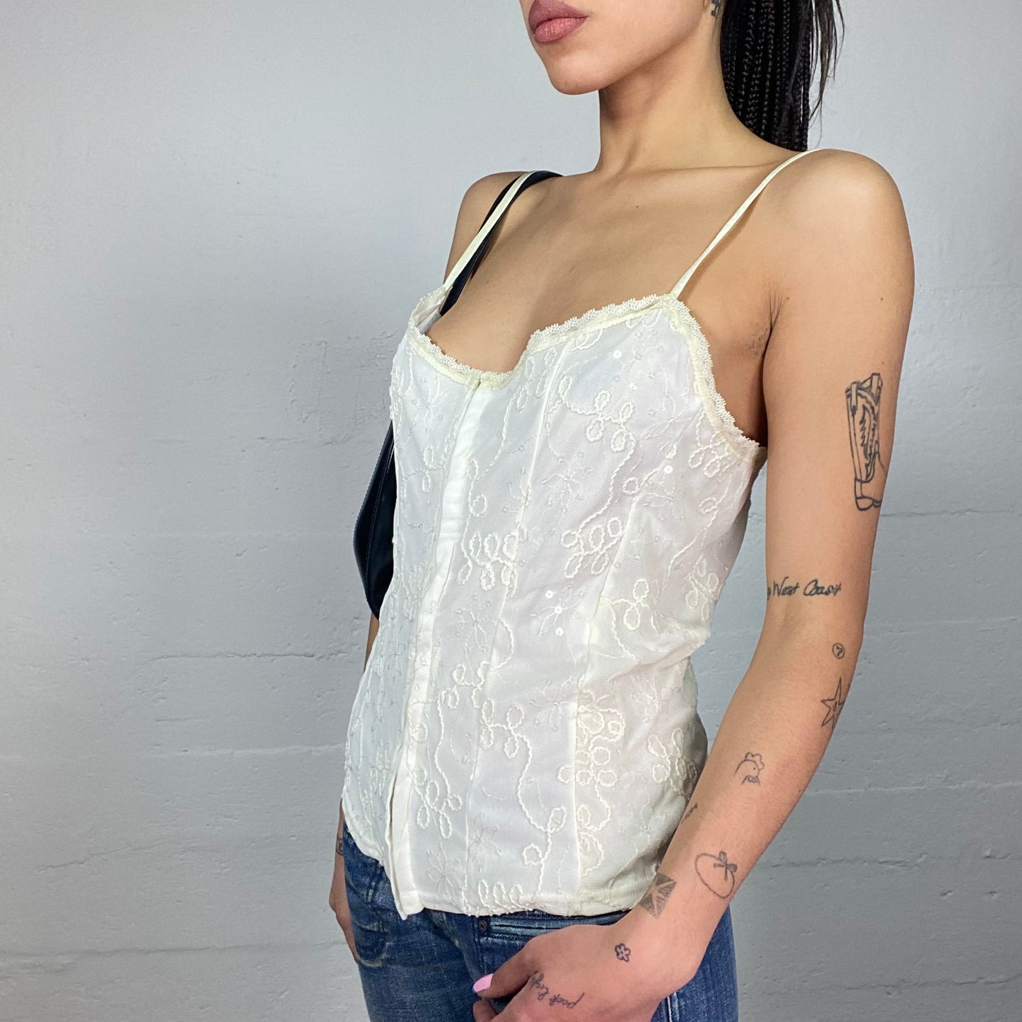 Vintage 2000's Romantic Girl White Top with White Floral Embroidery Detail (L)
