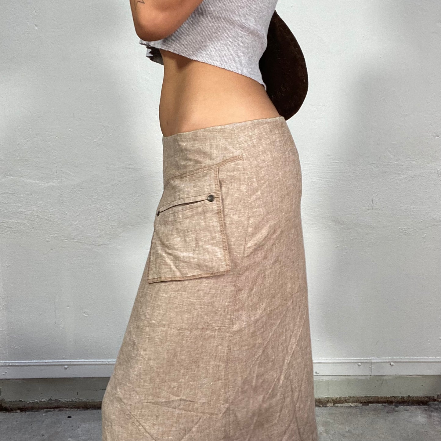 Vintage 2000's Hippie Brown Maxi Skirt with Layered Slit and Pocket Detail (M)