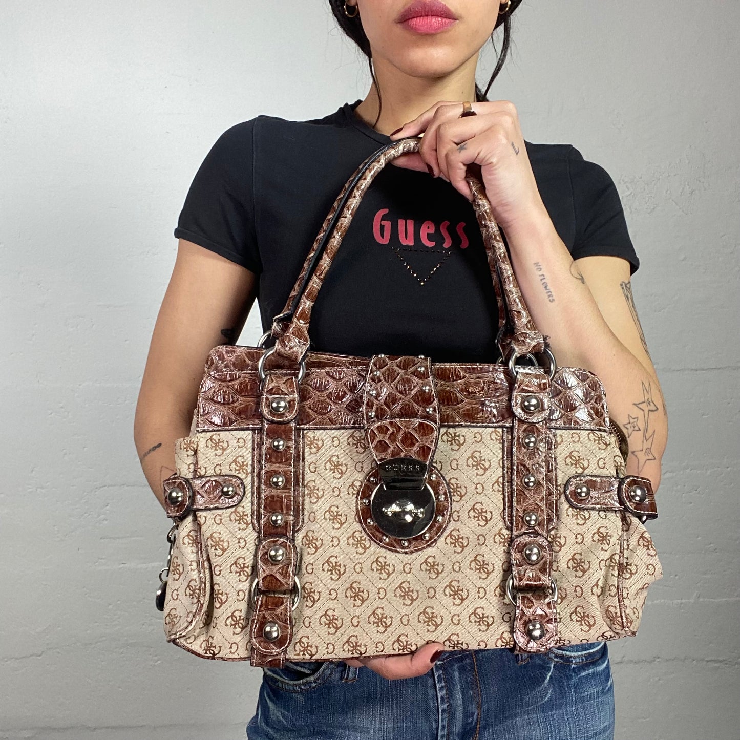 Vintage 2000's Archive Guess Brown Shoulder Bag with Monogram Print