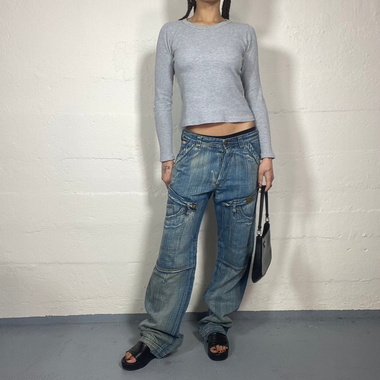 Vintage 90s Rave Girl Denim Cargo Oversize Pants with Big Pockets Detail (M)