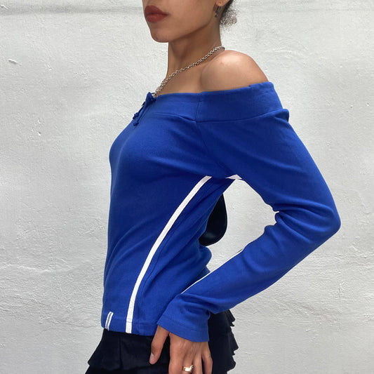 Vintage 90's Sporty Girl Blue Off Shoulder Longsleeve Top with White Stripes on the Side (M)