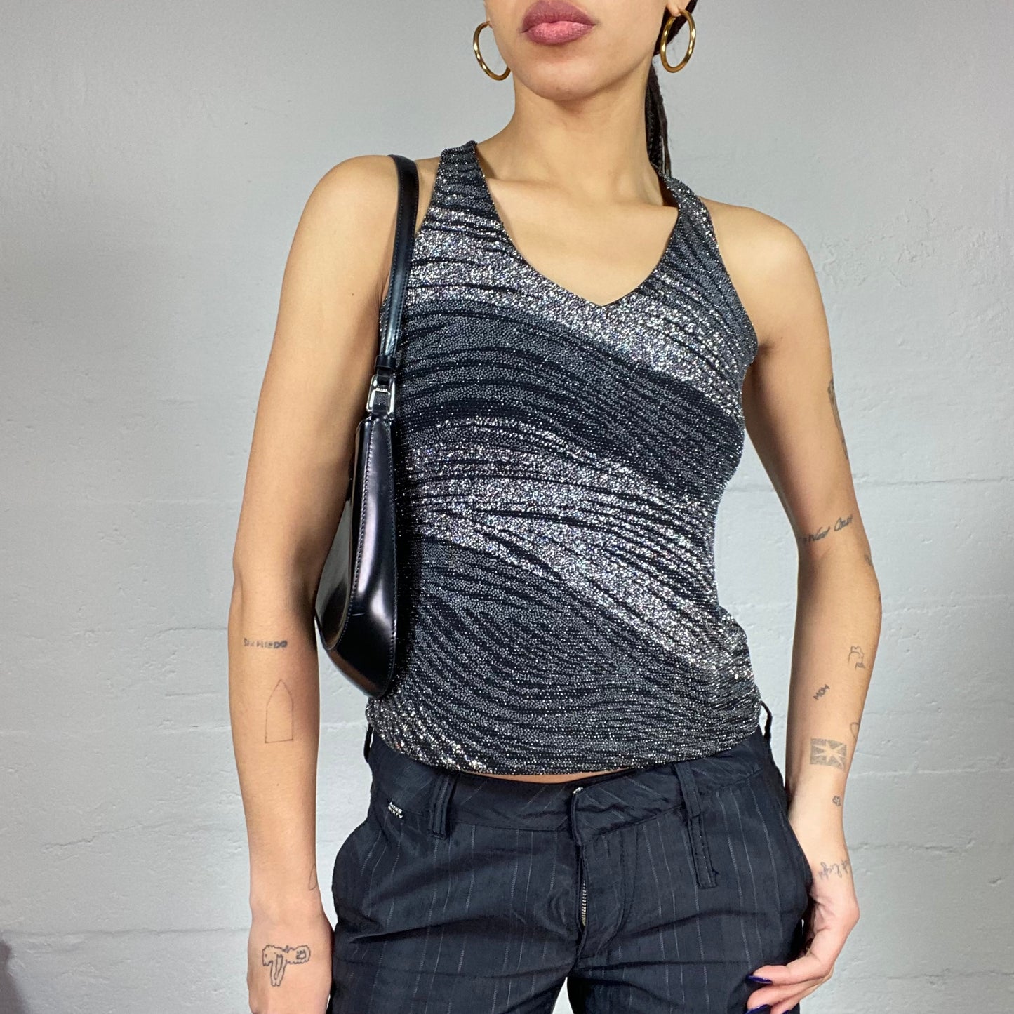 Vintage 2000's Clubwear Black Neckholder Top with Zebra Glitter Print (S)