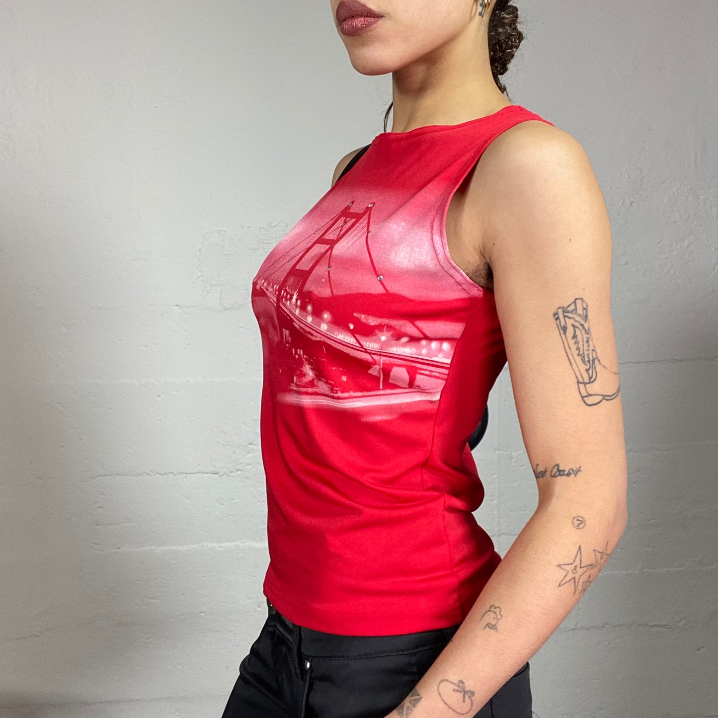 Vintage 90's Downtown Girl Red Top with Bridge Print and Rhinestones Detail (S/M)