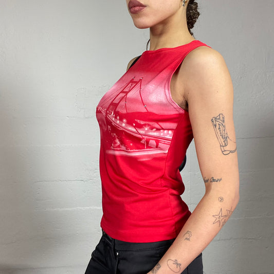 Vintage 90's Downtown Girl Red Top with Bridge Print and Rhinestones Detail (S/M)