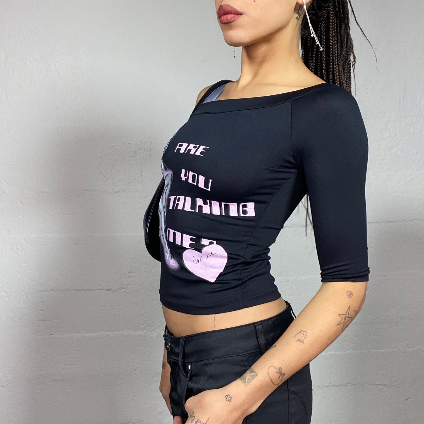 Vintage 90's Clubwear Black Off Shoulder Top with Grey & Pink Pin Up Girl Print (S)