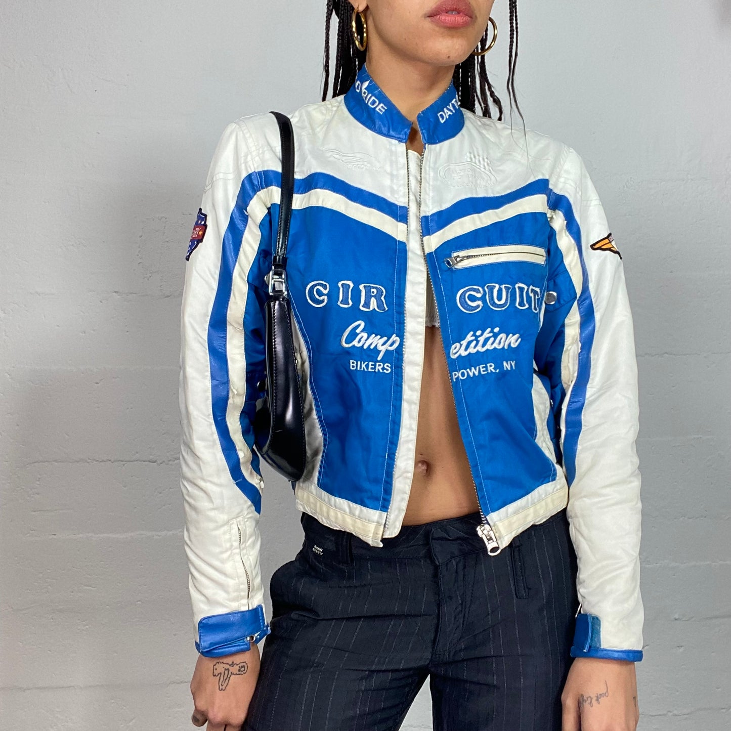 Vintage 2000's Sporty White and Blue Leather Short Racer Jacket with "Circuit Competition" and Patches Details (S)