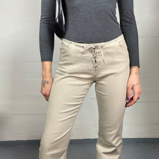 Vintage 2000's Cow Girl Beige Mid Waist Pants with Lace Up Detail (S)