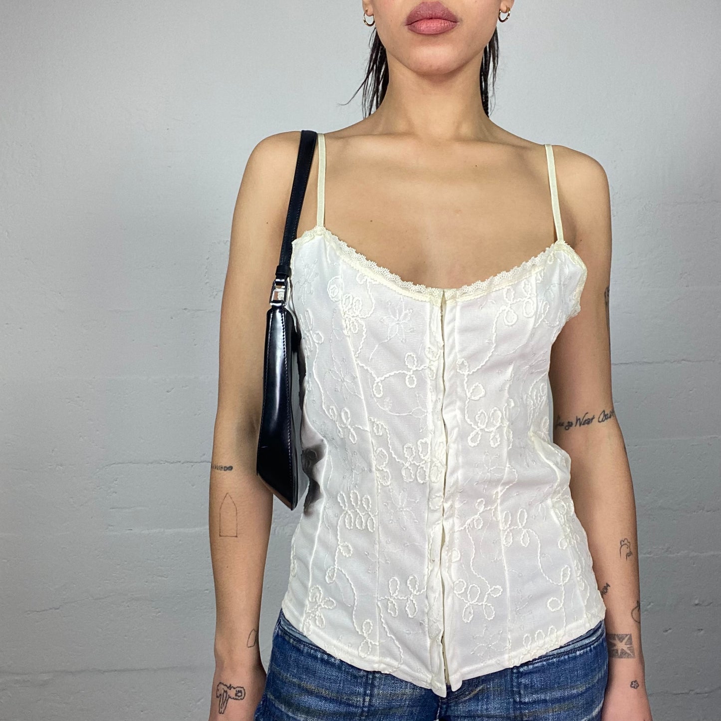 Vintage 2000's Romantic Girl White Top with White Floral Embroidery Detail (L)