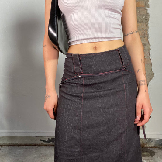 Vintage 2000's Cyber Black Denim Maxi Cargo Skirt with Red Stitching (S)