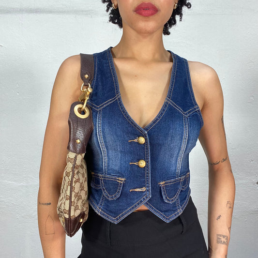 Vintage 2000's Western Blue Denim Vest with Golden Buttons (S)