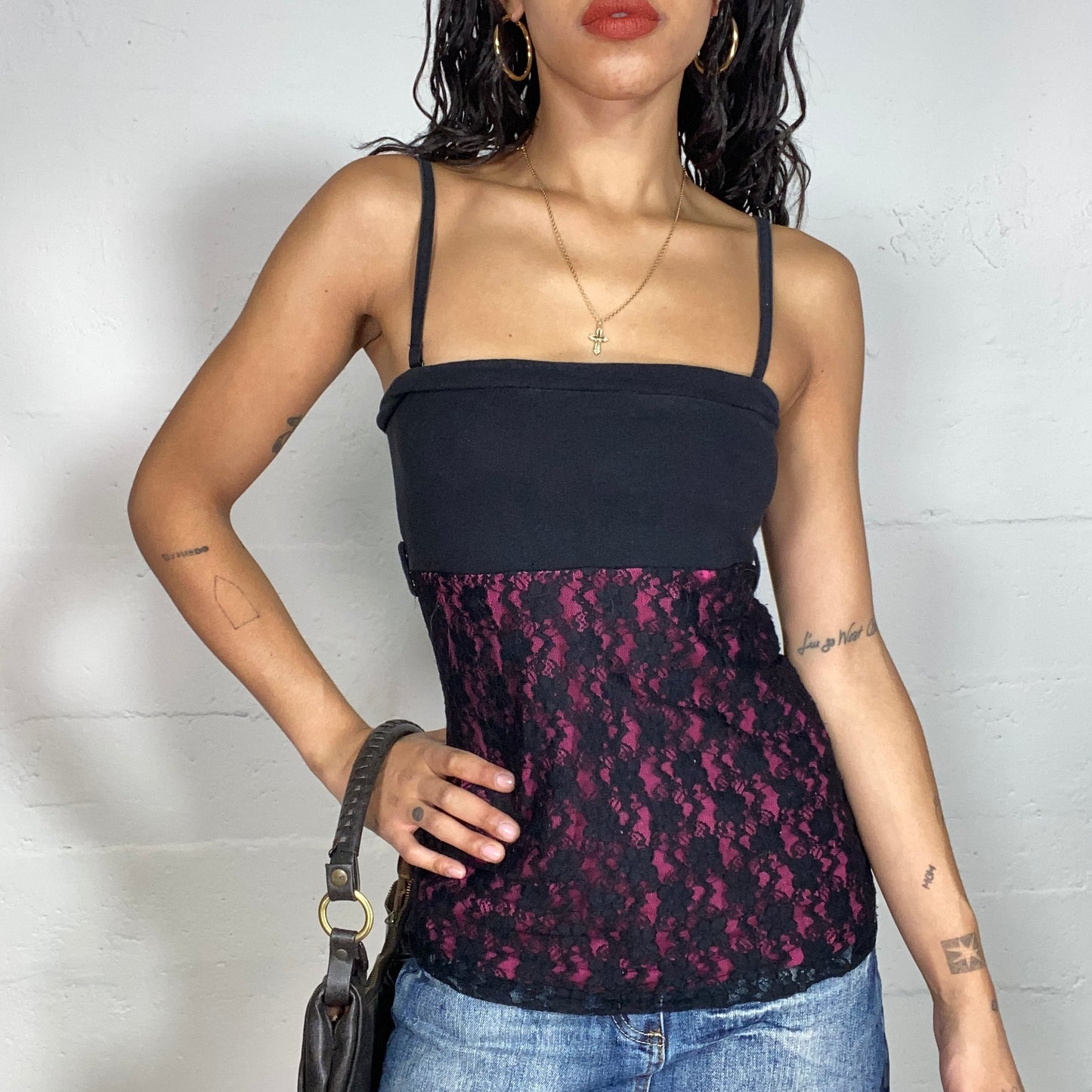 Vintage 2000's Gothic Black & Red Top with Red Lace Detail (M)