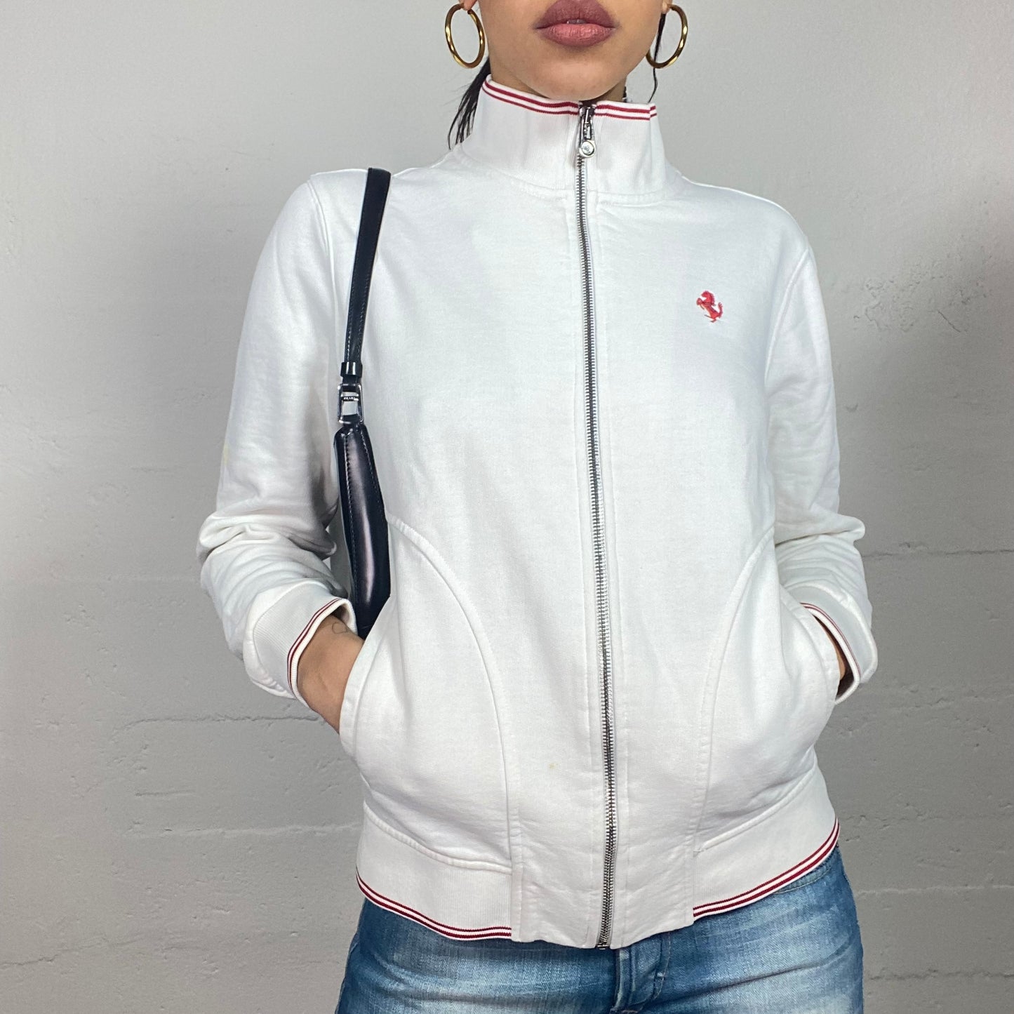 Vintage 2000's Ferrari Sporty White Zip Up Sweater with Red Trim Detail (M)