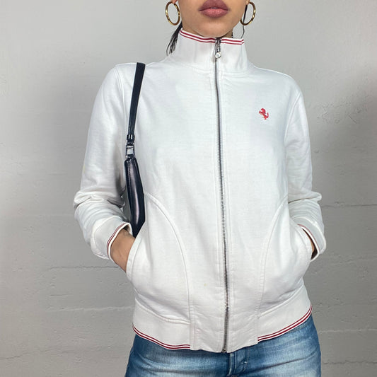 Vintage 2000's Ferrari Sporty White Zip Up Sweater with Red Trim Detail (M)