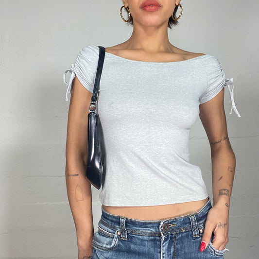 Vintage 2000's Sleaze Grey Bardot Neck Top with Ruched Short Sleeves (S)