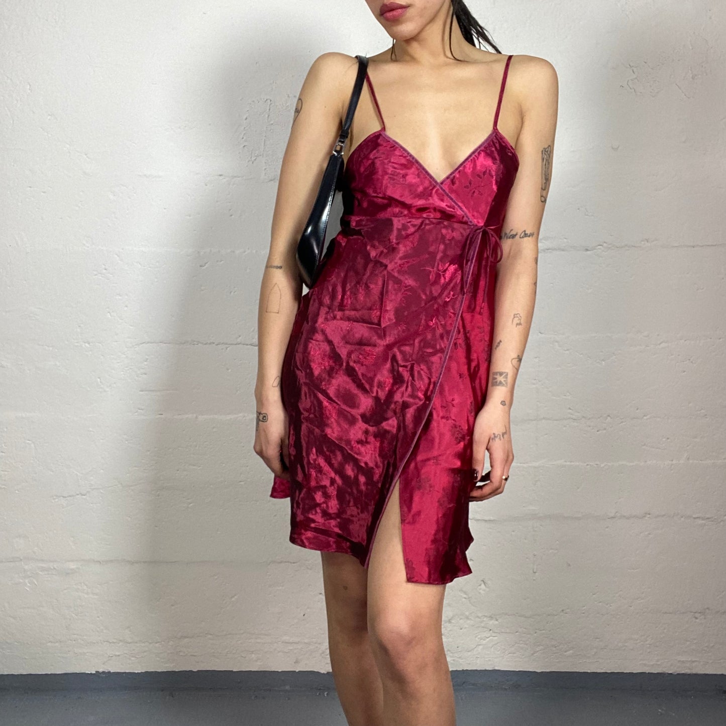 Vintage 90's Vamp Red Satin Mini Dress with Wrapped Cut (M)