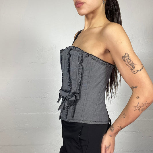 Vintage 90's Morgan Babydoll Goth Grey Off Shoulder Corset Top with Side Ribbons Detail (S)