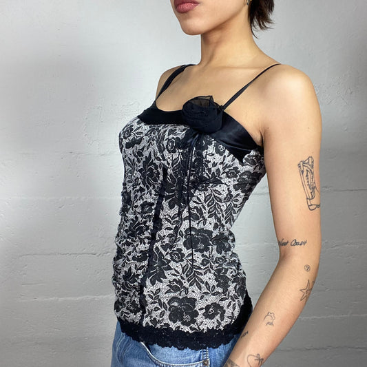 Vintage 90's Vampy Goth Black Top with Floral Print and Rosette Detail (S)