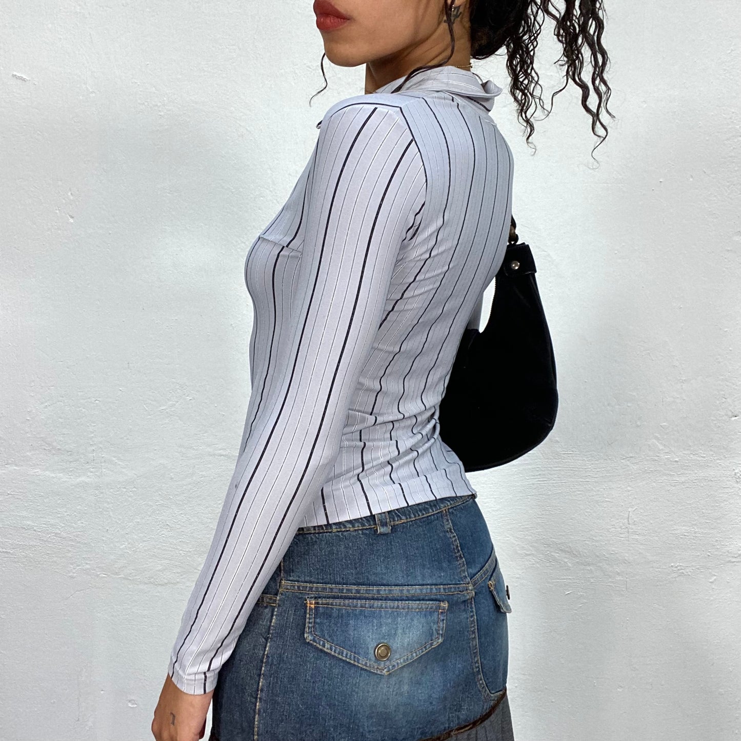 Vintage 90's Classic Grey Zip Up Shirt with Pinestripes Print (S)