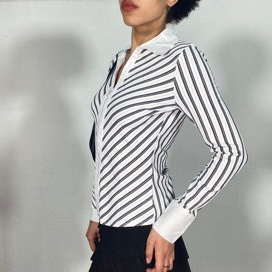 Vintage 2000's Downtown Girl White and Black Striped Zip UP Blouse (S/M)