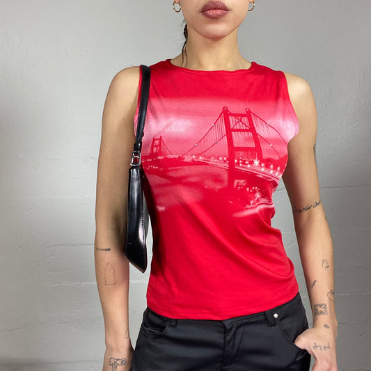 Vintage 90's Downtown Girl Red Top with Bridge Print and Rhinestones Detail (S/M)
