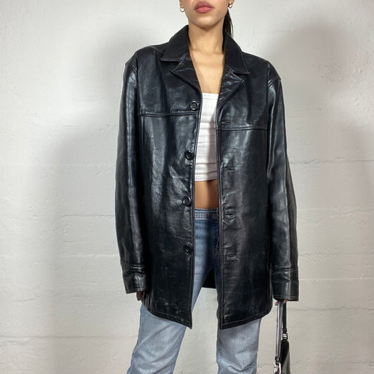 Vintage 2000's Downtown Girl Black Short Leather Biker Jacket with Oversized Fit (L)