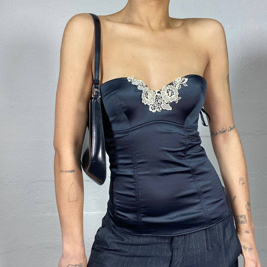 Vintage 2000's Clubwear Black Off Shoulder Corset Top with White Lace Neckline Detail (S)