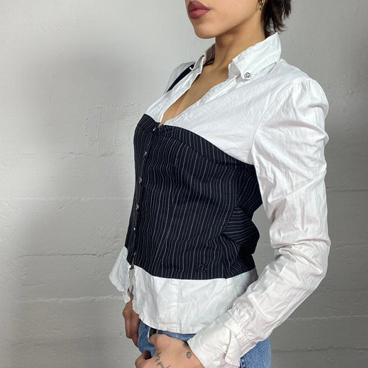 Vintage 90's Office Girl White Layered Shirt Top with Black Pinstripes Corset Layer Detail (M)