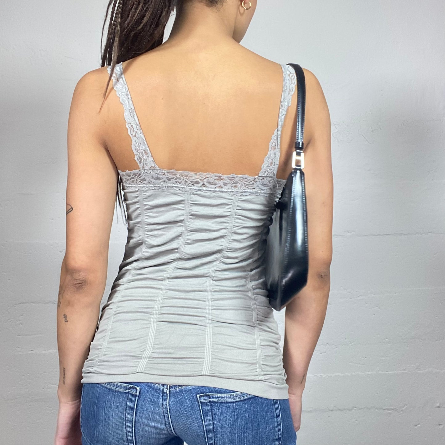Vintage 2000's Clubwear Grey Ruched Top with Lace Trim Detail (S)