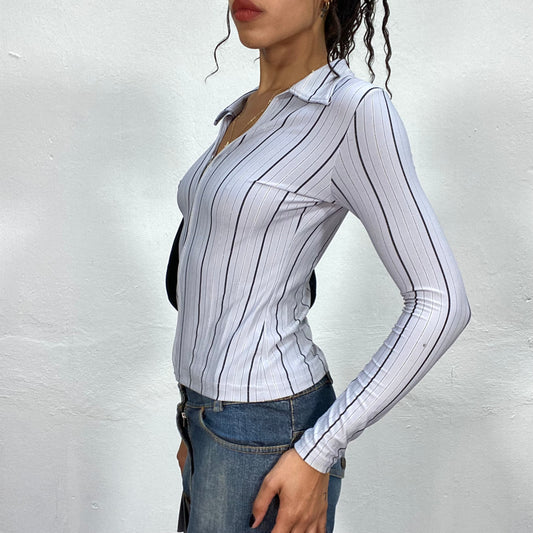 Vintage 90's Classic Grey Zip Up Shirt with Pinestripes Print (S)