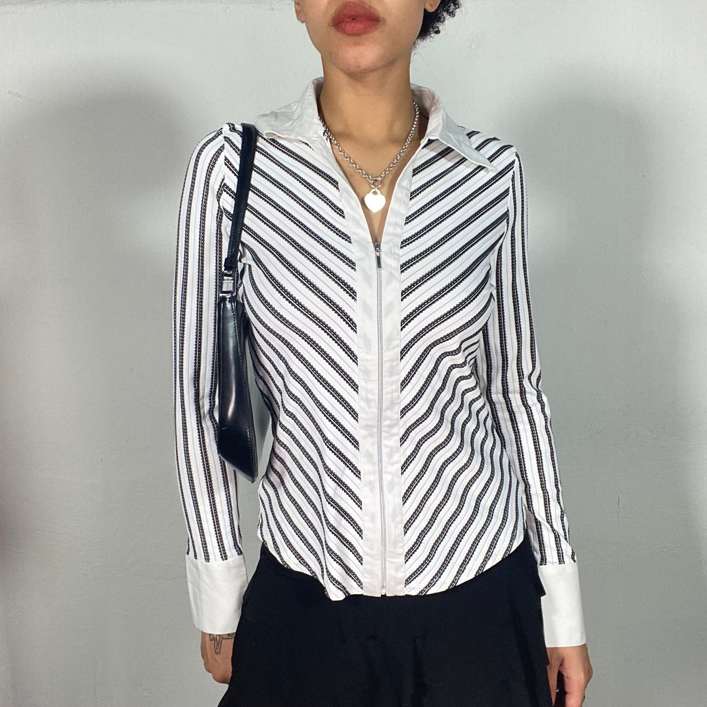 Vintage 2000's Downtown Girl White and Black Striped Zip UP Blouse (S/M)