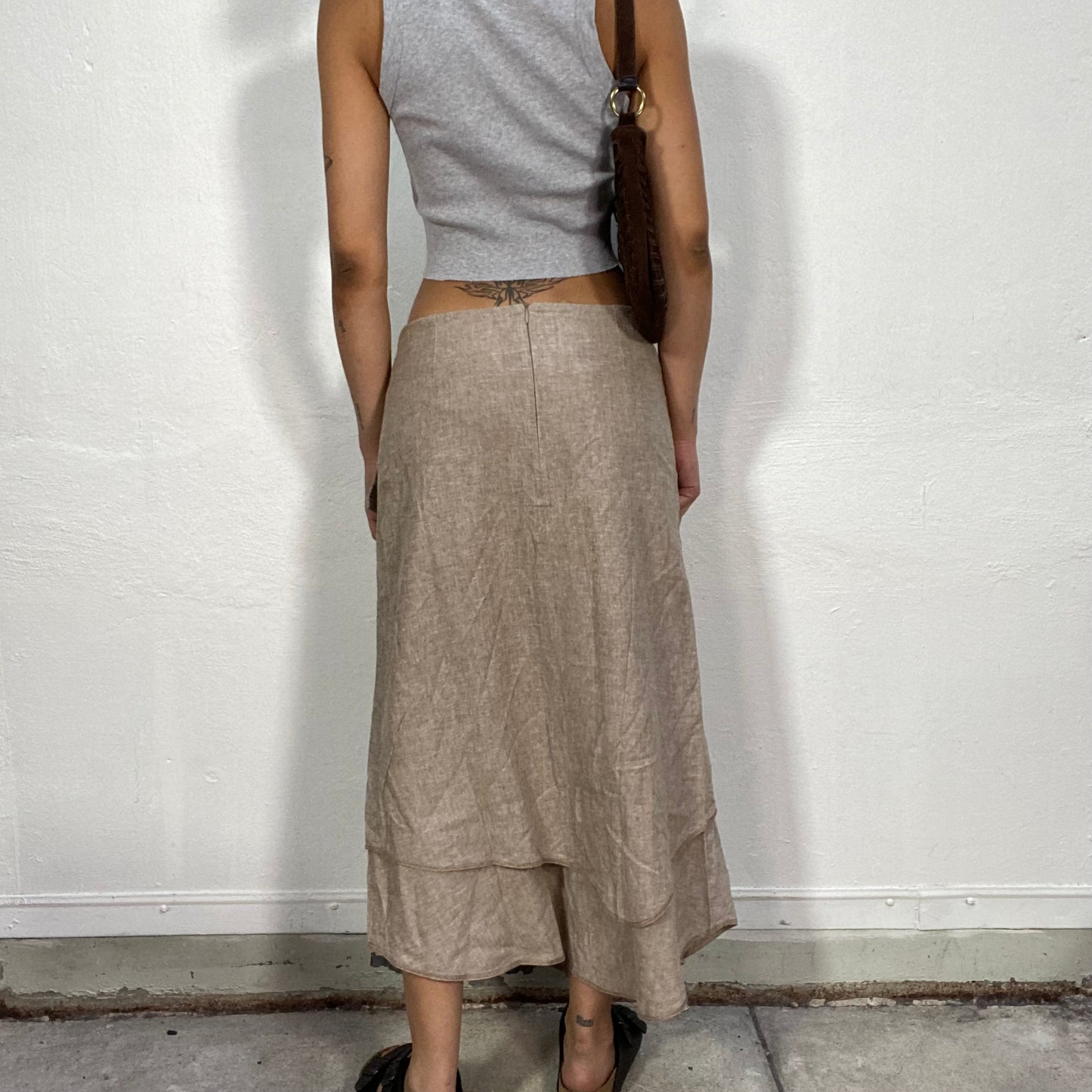 Vintage 2000's Hippie Brown Maxi Skirt with Layered Slit and Pocket Detail (M)