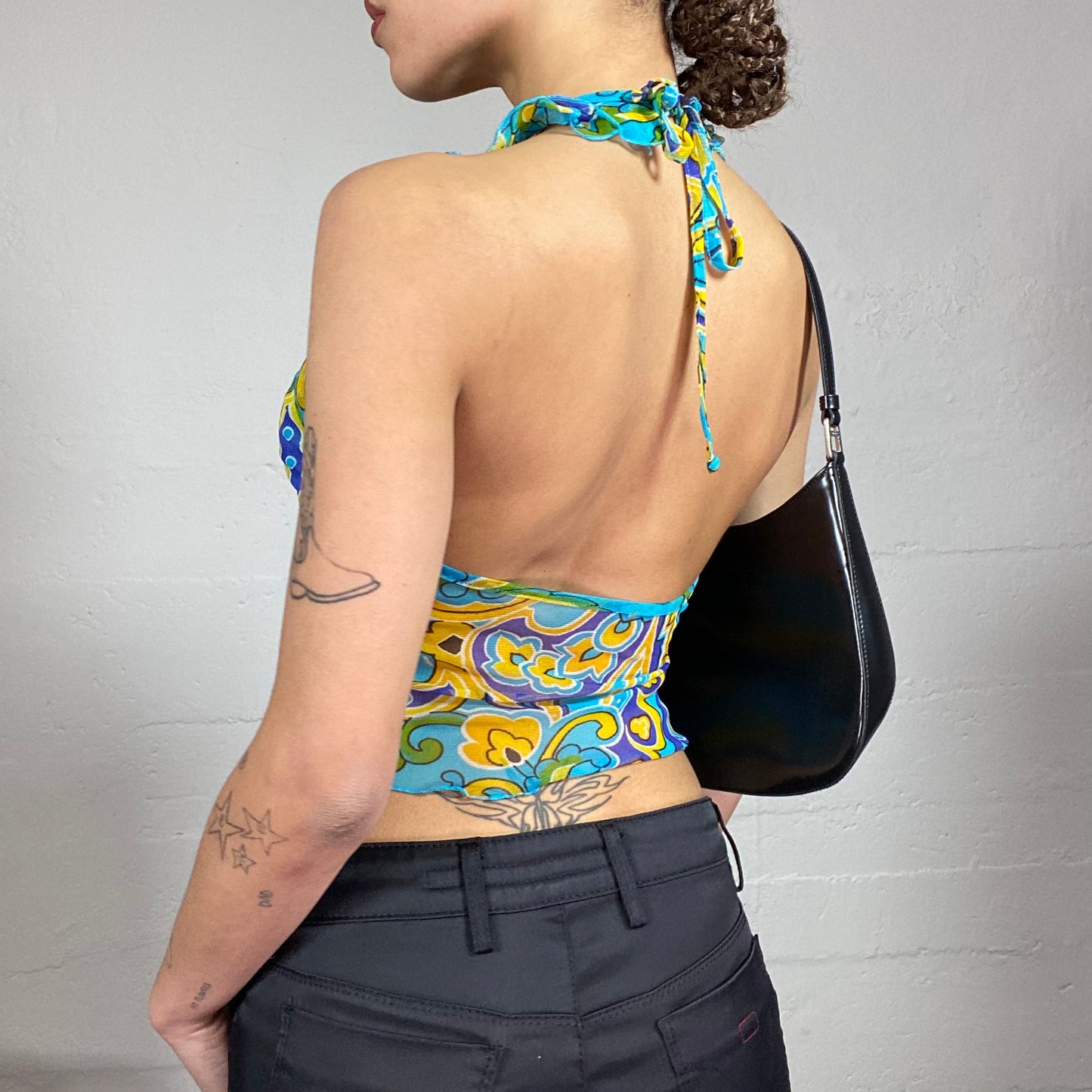 Vintage 2000's Totally Spies Blue Frilled Neckholder Top with Floral Print (S)