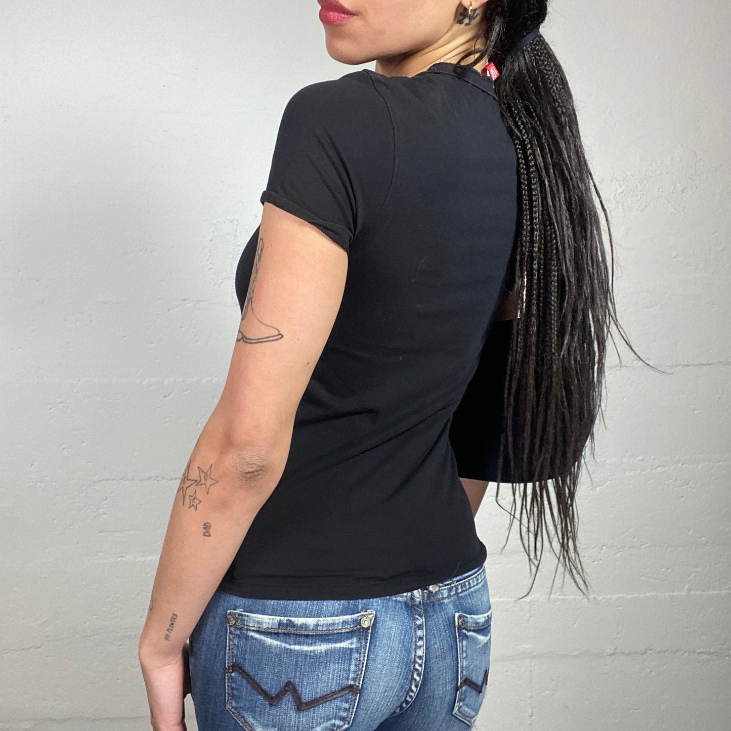 Vintage 2000's Guess Downtown Girl Black Top with Red Brand Print Detail (S/M)