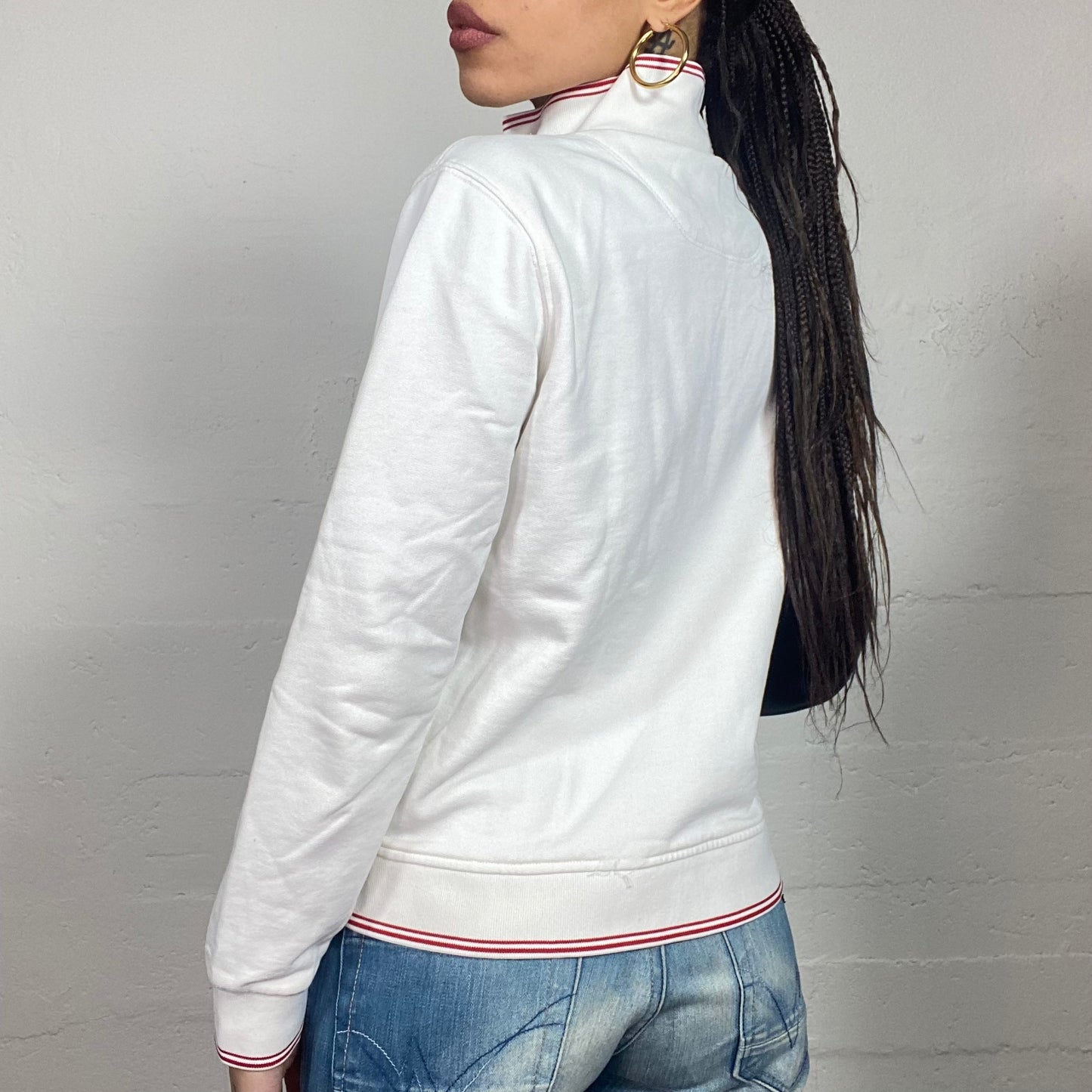 Vintage 2000's Ferrari Sporty White Zip Up Sweater with Red Trim Detail (M)
