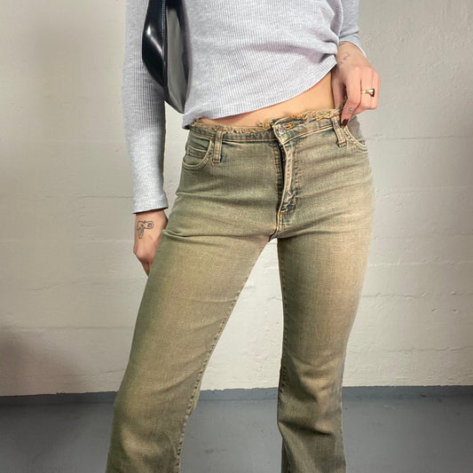 Vintage 90s Downtown Girl Beige Washed-Out Flared Denim Jeans with Green Dusted Finish Detail (XS)