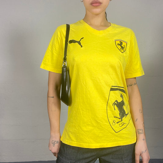 Vintage 2000's Puma Ferrari Sporty Yellow Oversized Tee with Brand Print (M)