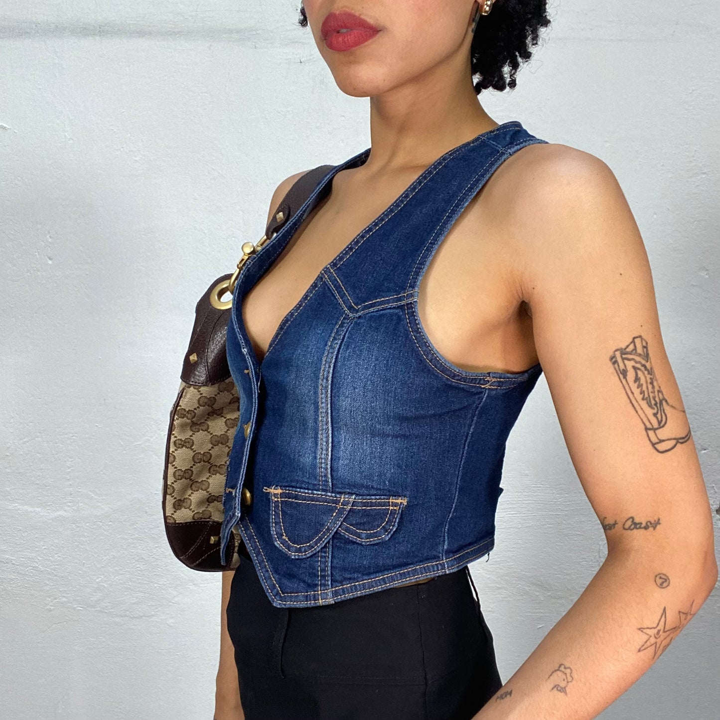 Vintage 2000's Western Blue Denim Vest with Golden Buttons (S)