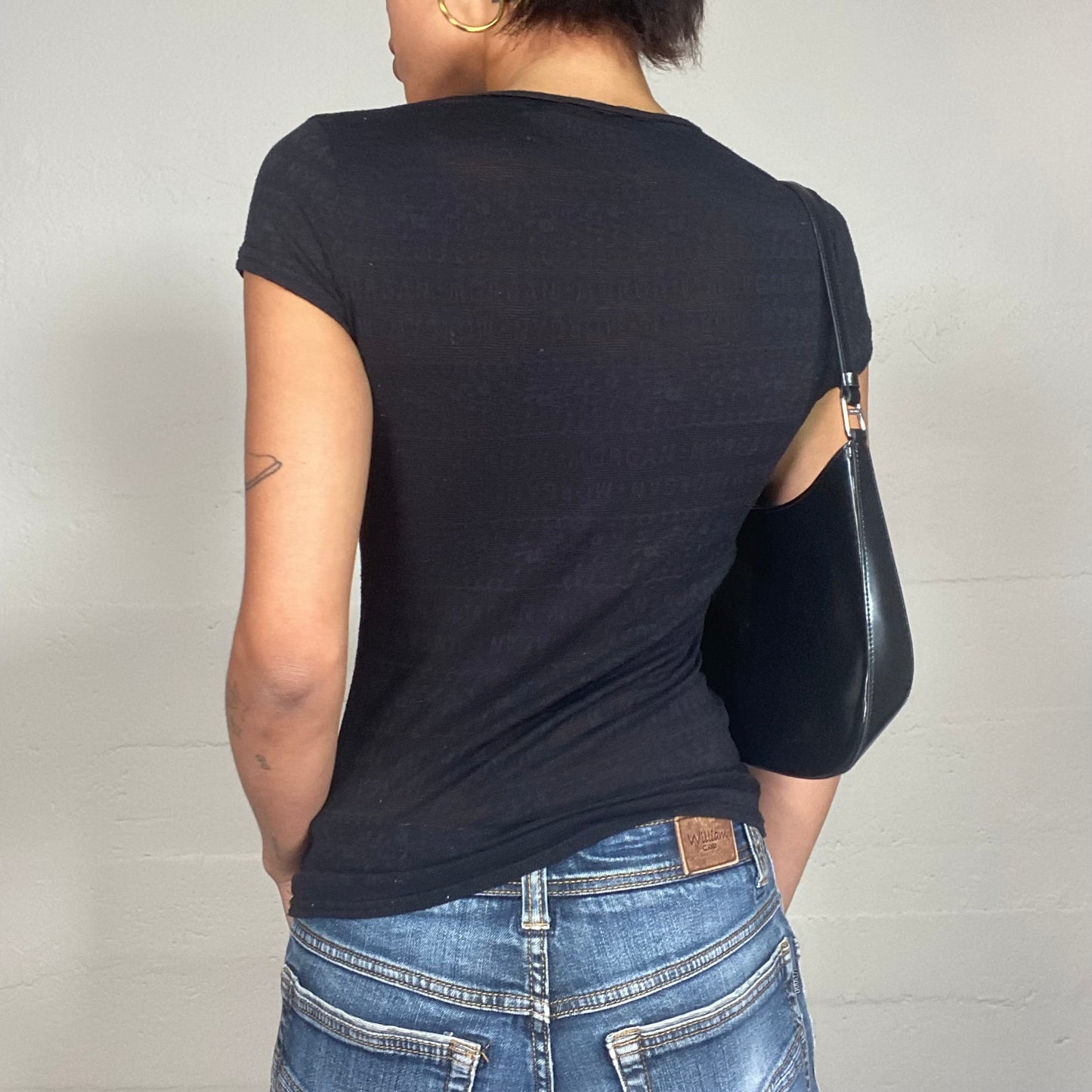 Vintage 90's Morgan Archive Black Top with Neck Silver Detail and Monogram Print (S)