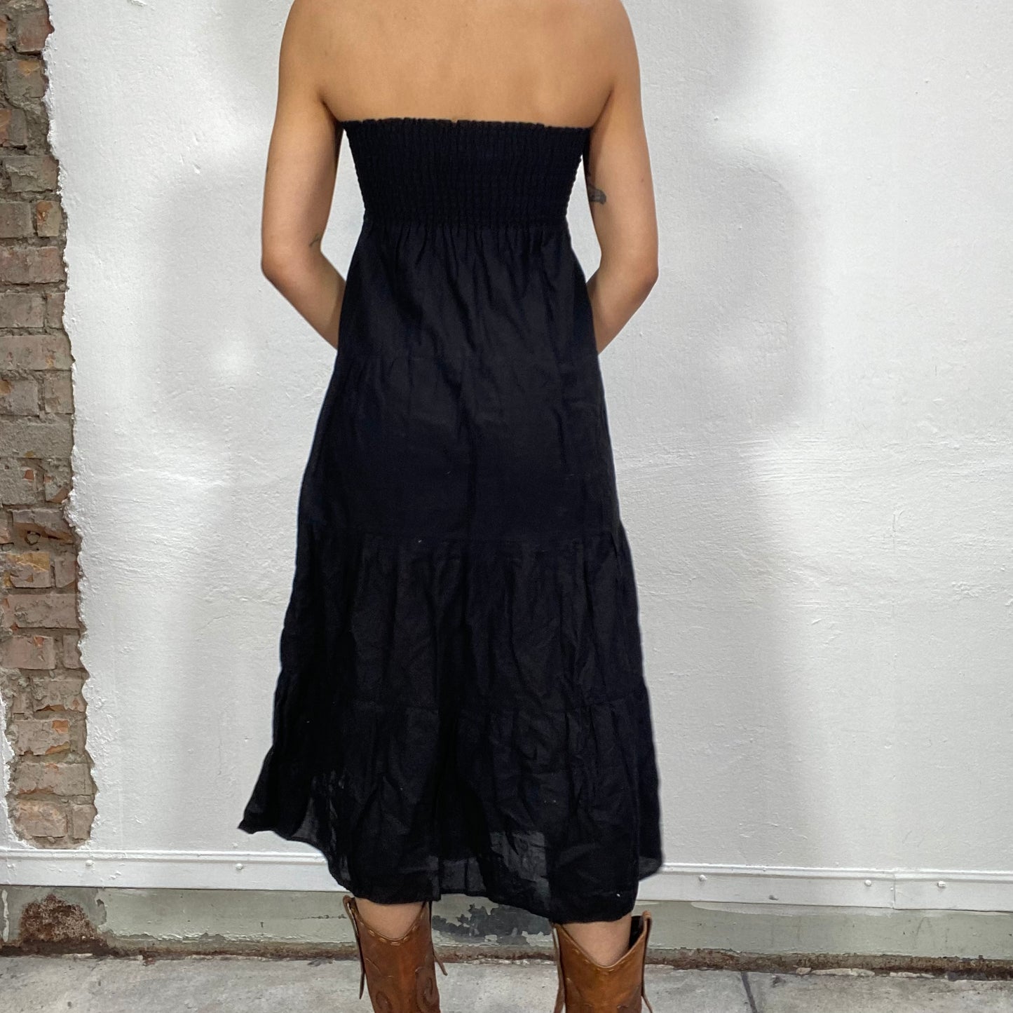 Vintage 90's Summer Black Midi Strapless Dress with Scrunched Bust Part (S/M)