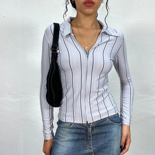 Vintage 90's Classic Grey Zip Up Shirt with Pinestripes Print (S)