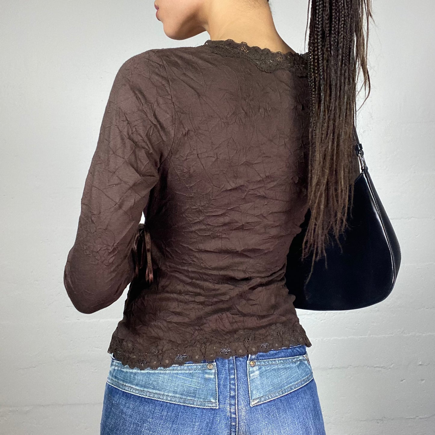Vintage 2000's Fairy Brown Wrapped Longsleeve Top with Lace Trim Detail (M)