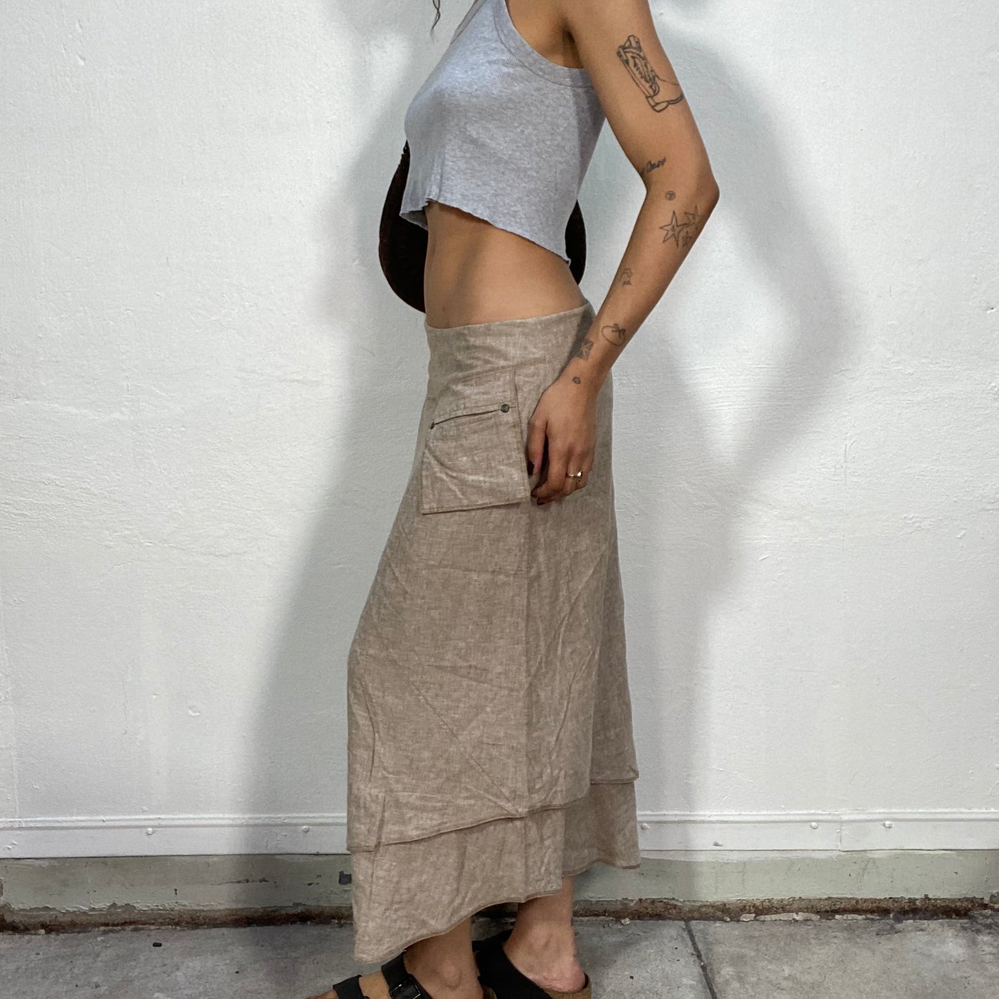 Vintage 2000's Hippie Brown Maxi Skirt with Layered Slit and Pocket Detail (M)